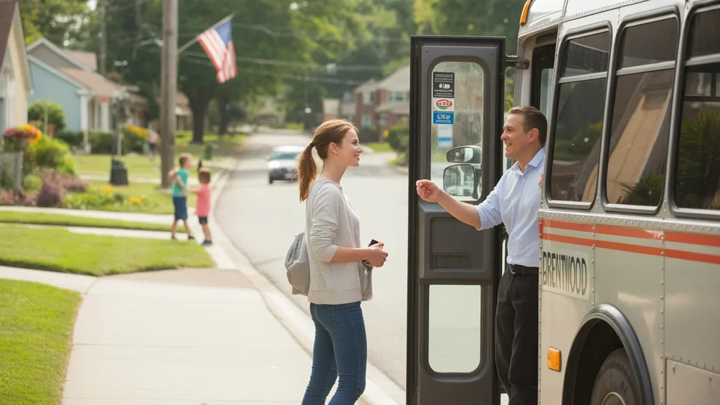 A woman boards a Brentwood City Bus on a sunny residential street as the driver waves.