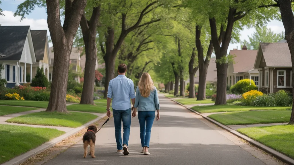 Couple walking dog on sunny residential street in Littleton, Colorado