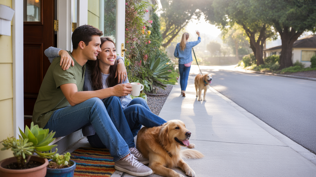 Couple enjoys morning coffee on front porch in Mission Viejo with dog