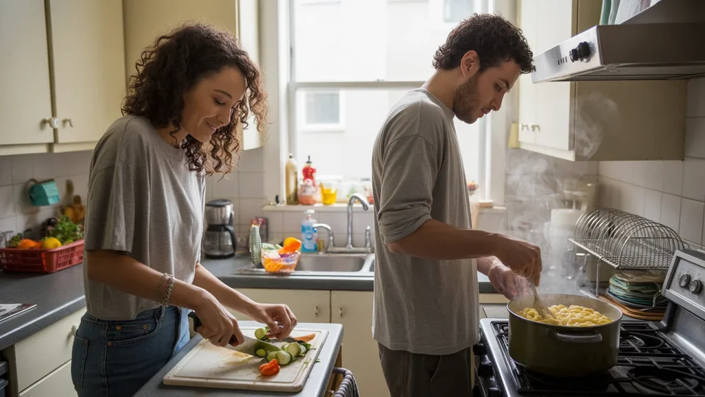 A young woman and man cook dinner together in a small, modest apartment kitchen