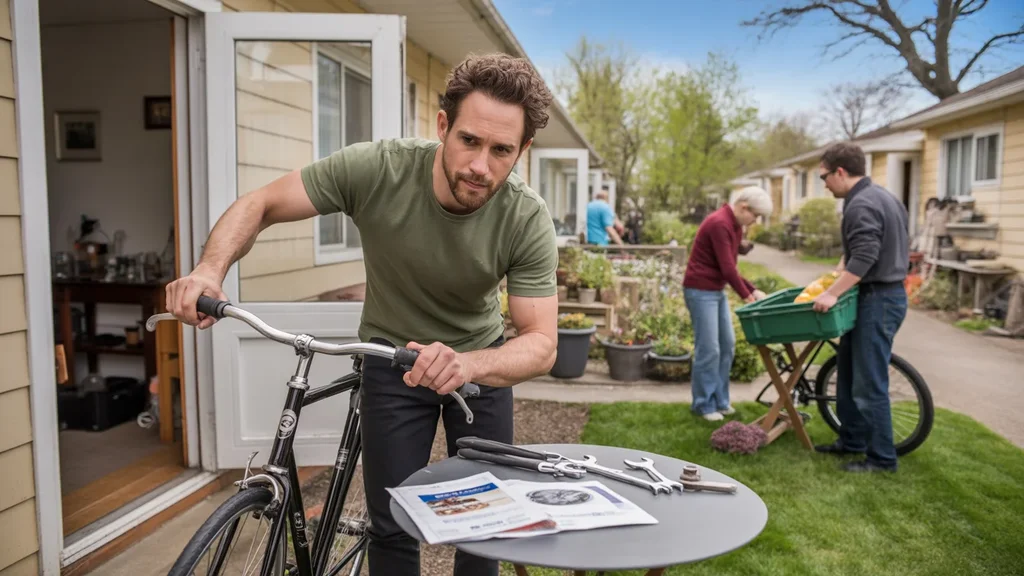 Man assembling bicycle on patio of Aurora, CO apartment