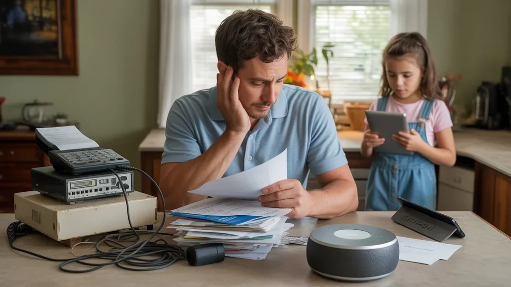 Father reviewing internet and streaming bills at kitchen table in Midwest City home
