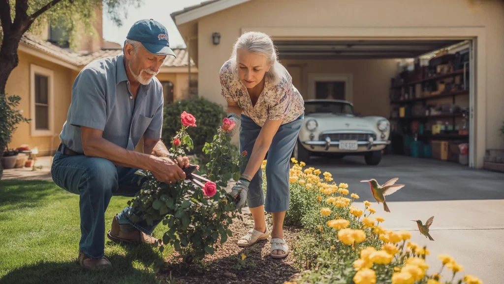 An older couple gardening together in the front yard of their Las Vegas home on a quiet suburban street.