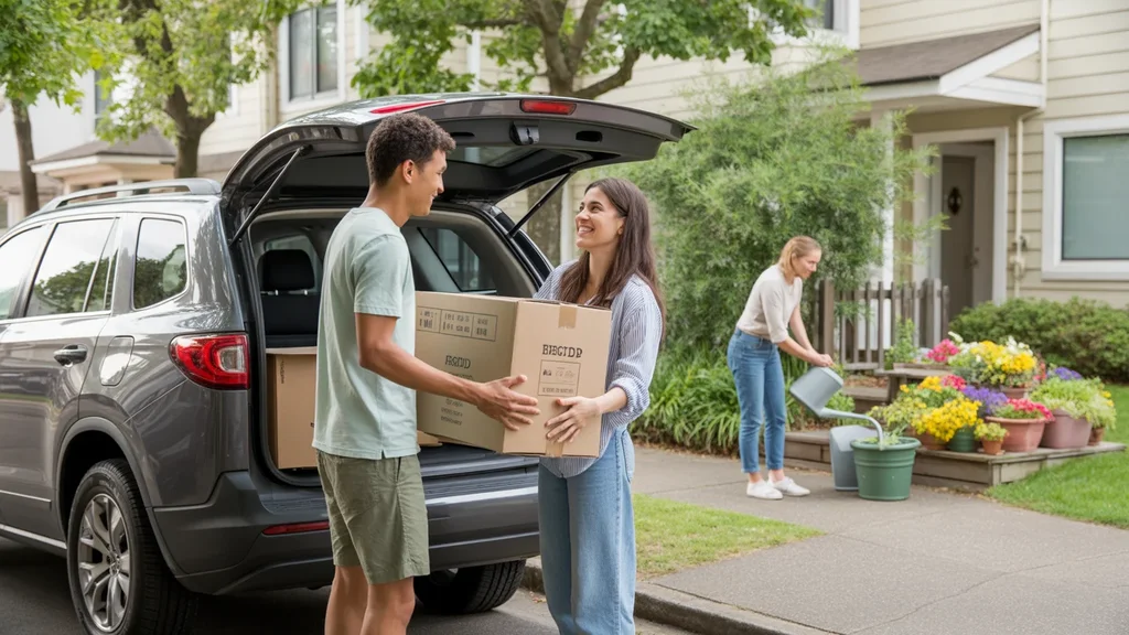 Couple unloading moving boxes from car in front of condo in Tigard, Oregon