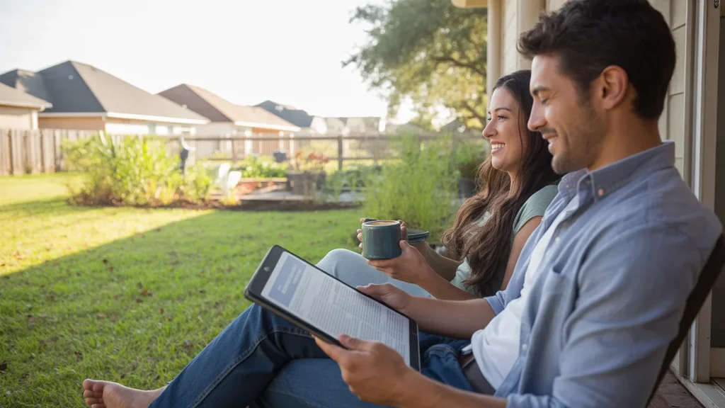 A couple enjoys morning coffee on their patio in suburban Sugar Land, TX