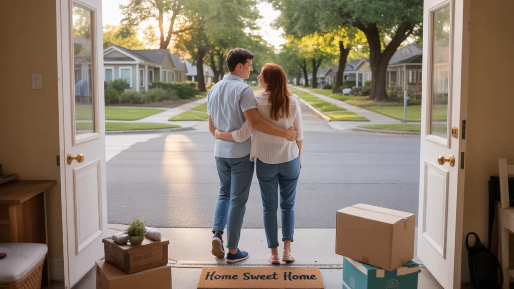 Couple standing in doorway of Centennial apartment looking at neighborhood homes