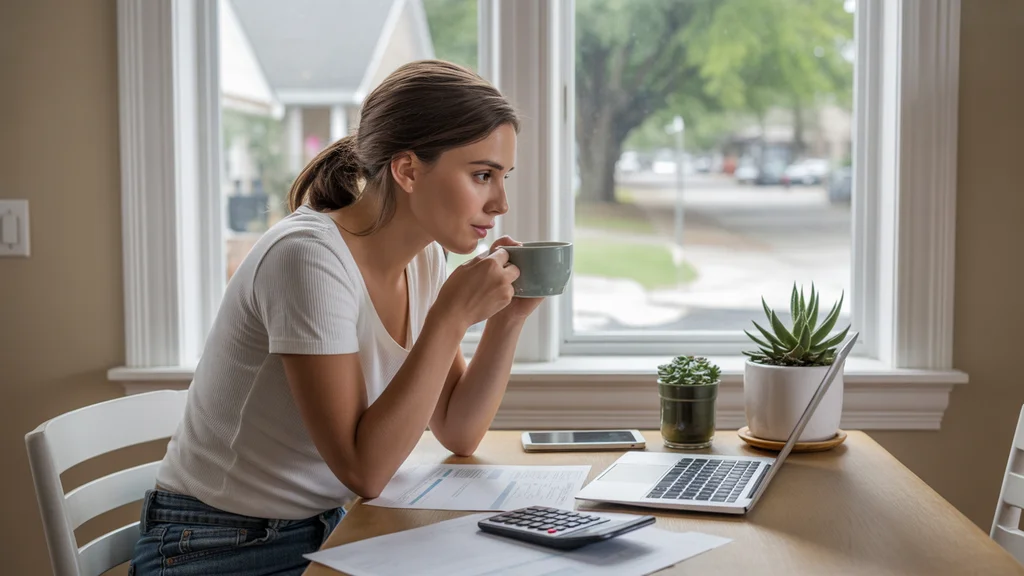 Woman reviewing monthly budget on laptop at kitchen table in Smyrna home