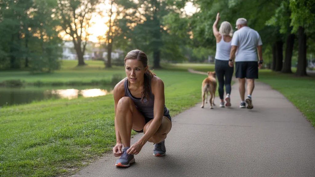 A runner ties her shoes before a morning jog on a neighborhood trail in Lexington, KY.