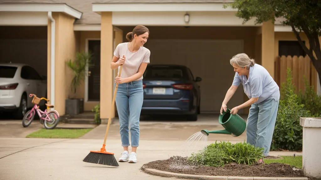 Woman sweeping driveway of duplex in Pasadena, TX while neighbor gardens nearby
