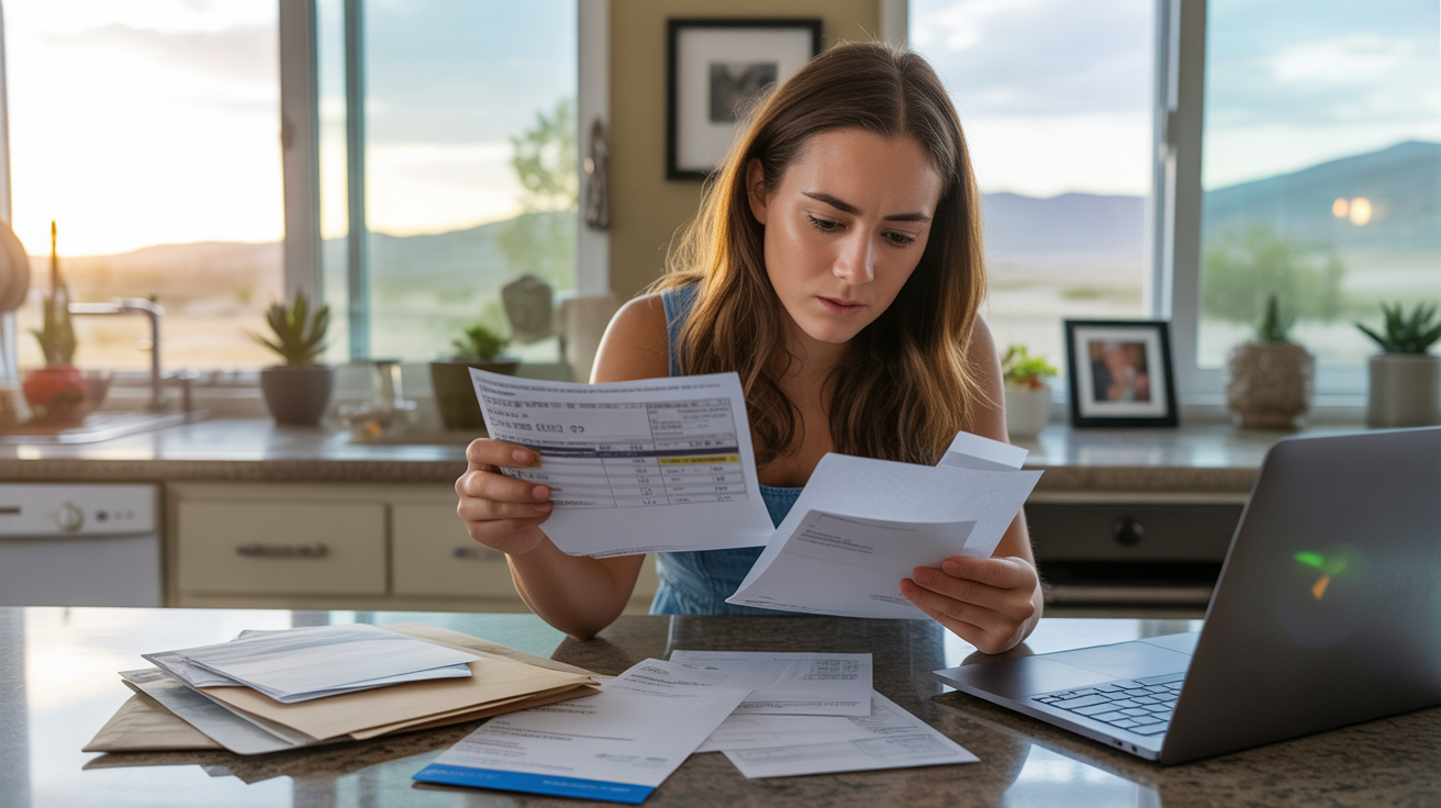 Woman reviewing utility bills and budgeting in Lone Tree apartment kitchen