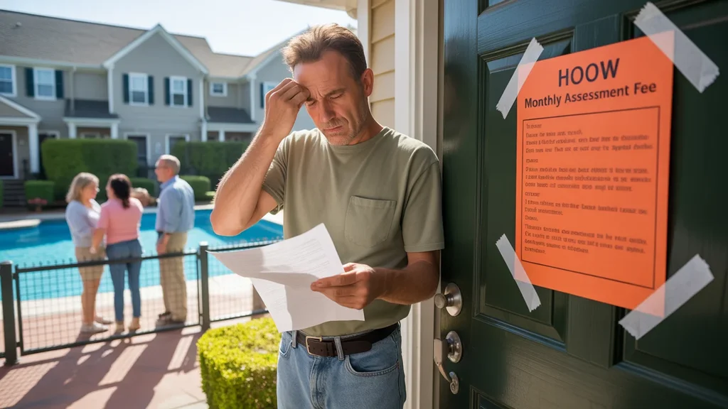A surprised man reads an HOA fee notice taped to his townhome door in Hendersonville, TN.
