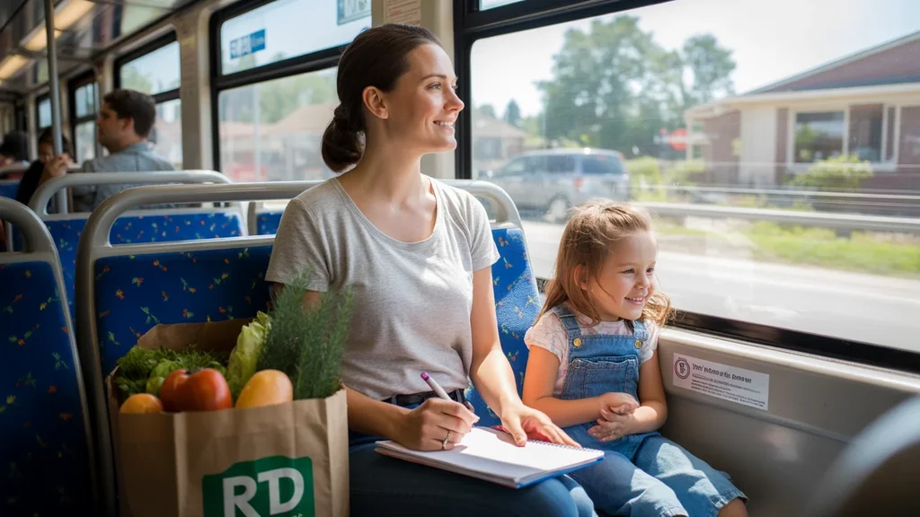 Woman and daughter riding RTD light rail train in Littleton