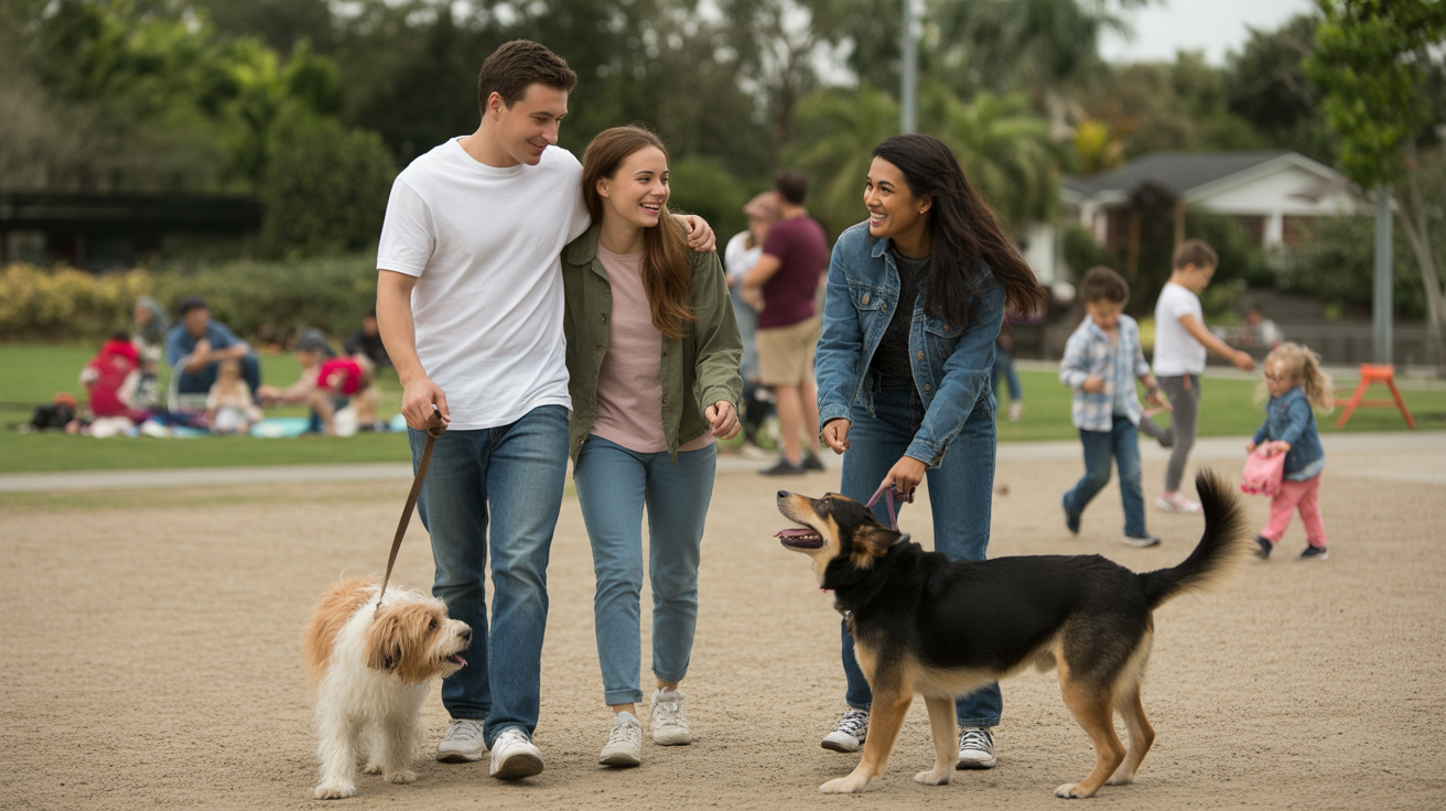 Friends walking dogs together in park in Anaheim, California