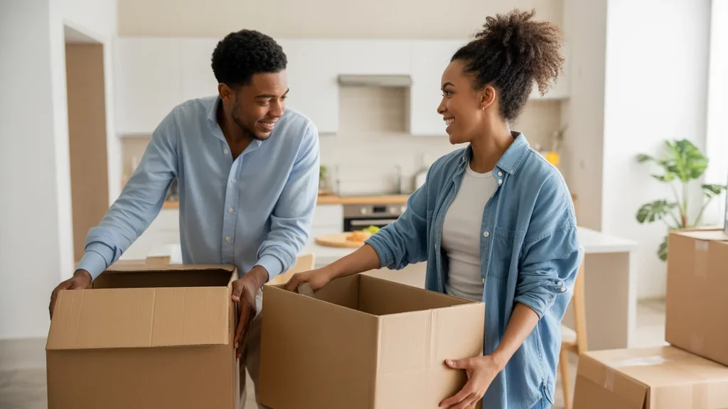 Couple unpacking in their new Cary, NC apartment