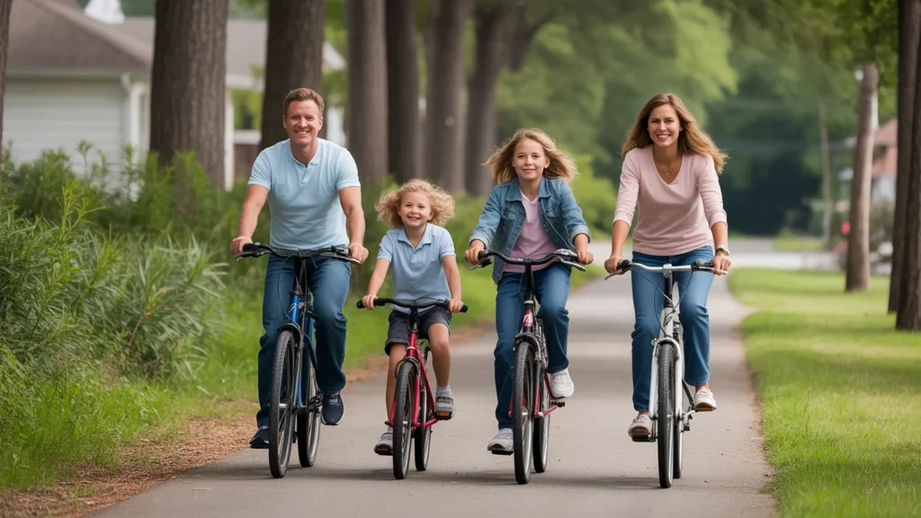 A family enjoys a relaxing bike ride together on a peaceful trail in Antioch, TN