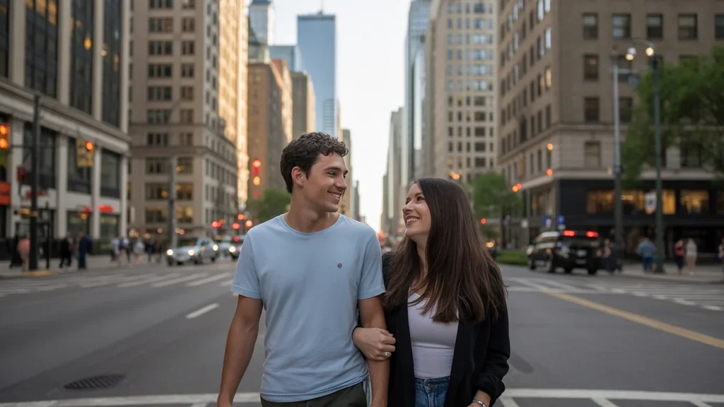 Couple explores Chicago streets at sunset, admiring city life and architecture