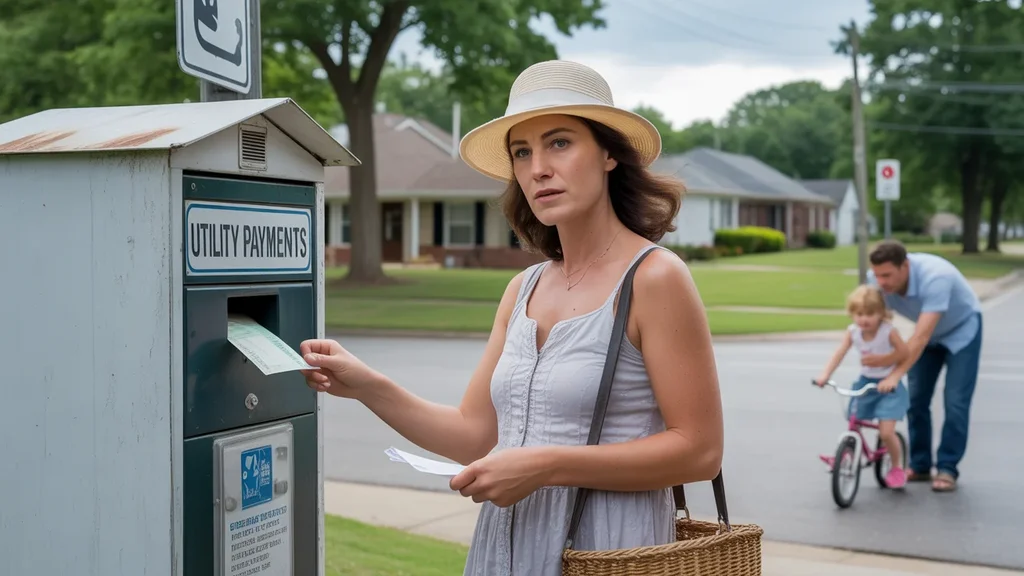 Woman in sundress and sunhat dropping off utility payment at suburban kiosk in Franklin, TN