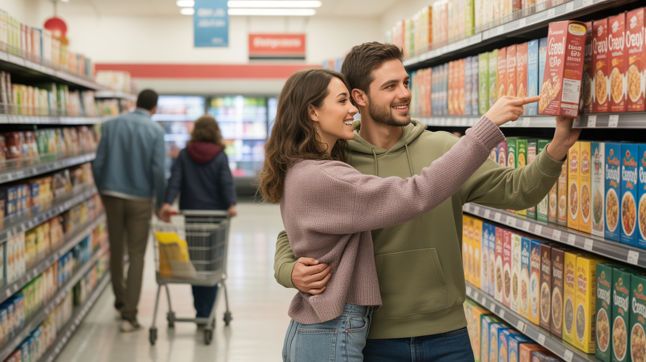 A couple smiles while shopping for cereal together in a Northglenn grocery store aisle.