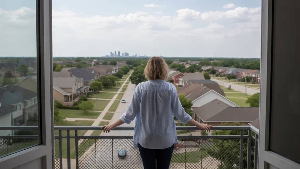 Person on apartment balcony looking out over Norman, Oklahoma neighborhood