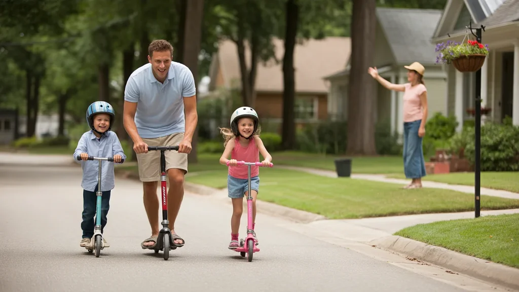 Father and two kids riding scooters on a cul-de-sac in Cary, NC