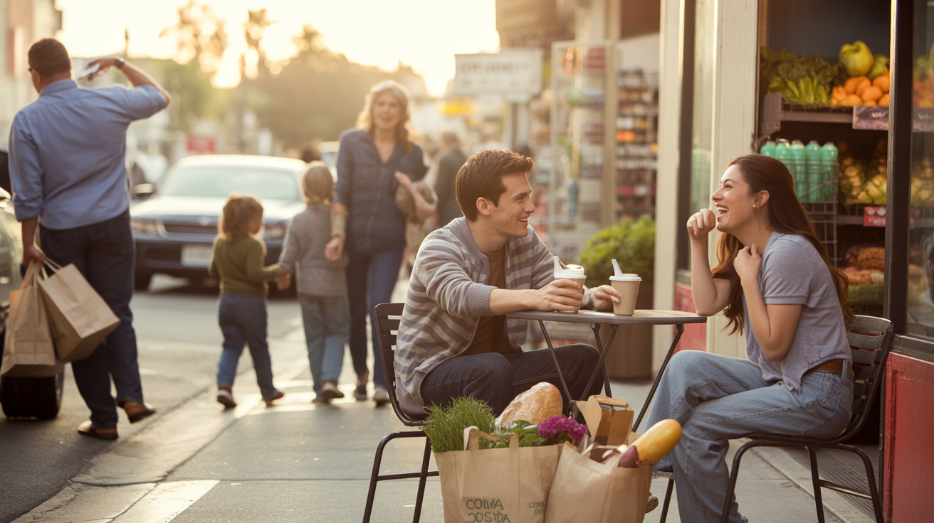 A young couple enjoys coffee outside their local grocery store in Costa Mesa, CA at sunset.