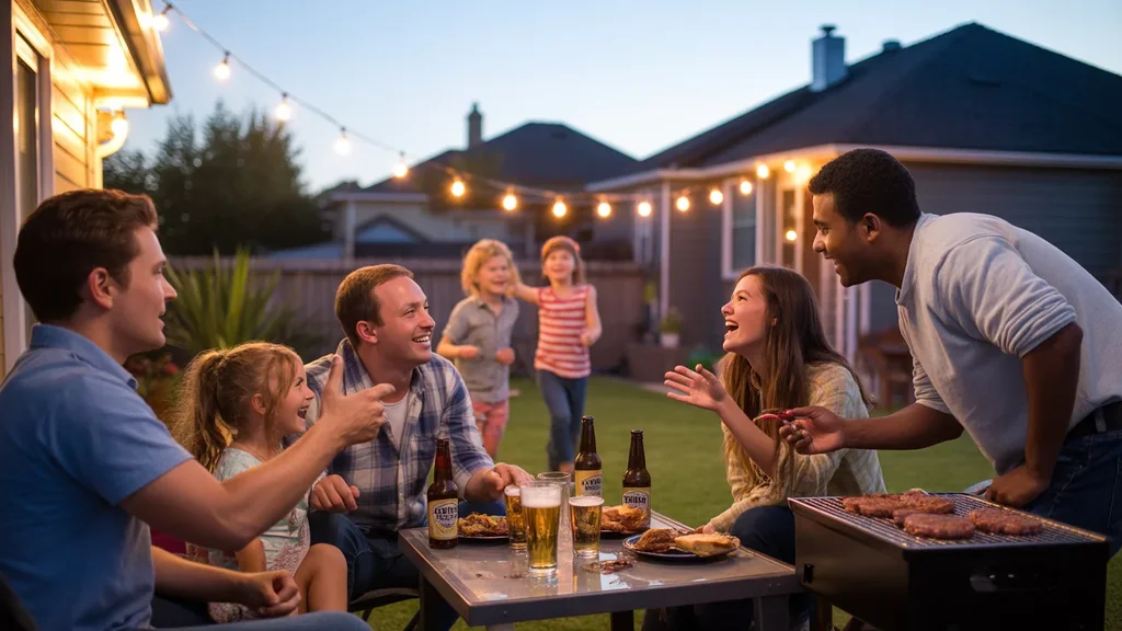 Friends gather for a backyard barbecue in a Pflugerville suburb at dusk