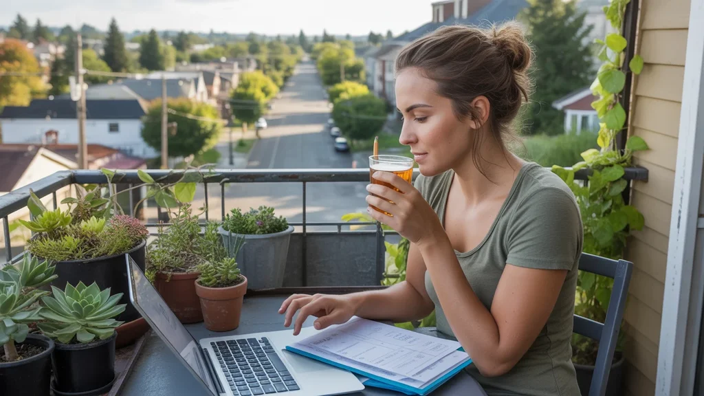 Woman reviewing monthly budget on laptop while sitting on Gresham apartment balcony