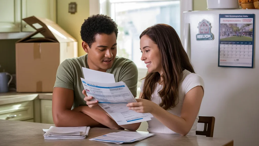 A couple reviews utility bills and community notices in their Richmond kitchen after moving to a new home.