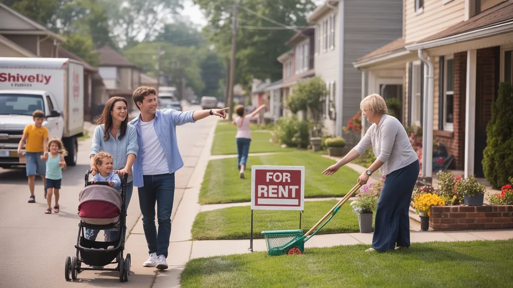 A couple considers a house for rent while walking through a friendly Shively neighborhood.
