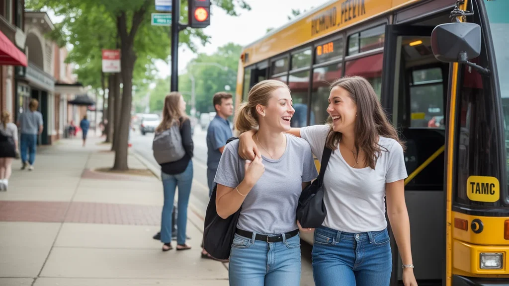 Two young women friends laughing and walking to the bus stop together on a sunny day in downtown Richmond, Kentucky