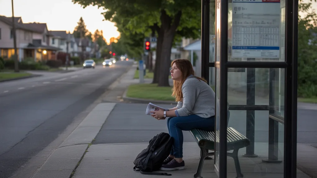 A college student waiting for the bus at dusk in a quiet Tigard neighborhood