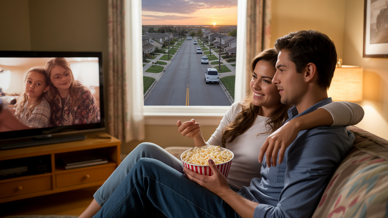 Couple watching TV together on couch in Northglenn living room at sunset