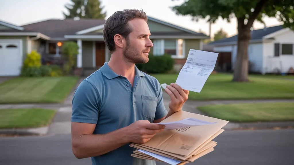 Man reviewing utility bills and statements outside his home in Gresham, Oregon