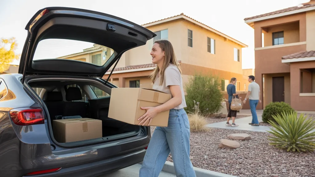 Woman unloading moving boxes from car in front of condo building in Spring Valley, Nevada
