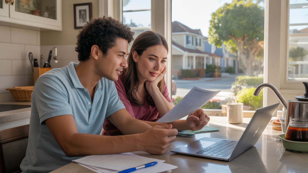 A couple discusses housing options at their kitchen table in Mission Viejo, CA.