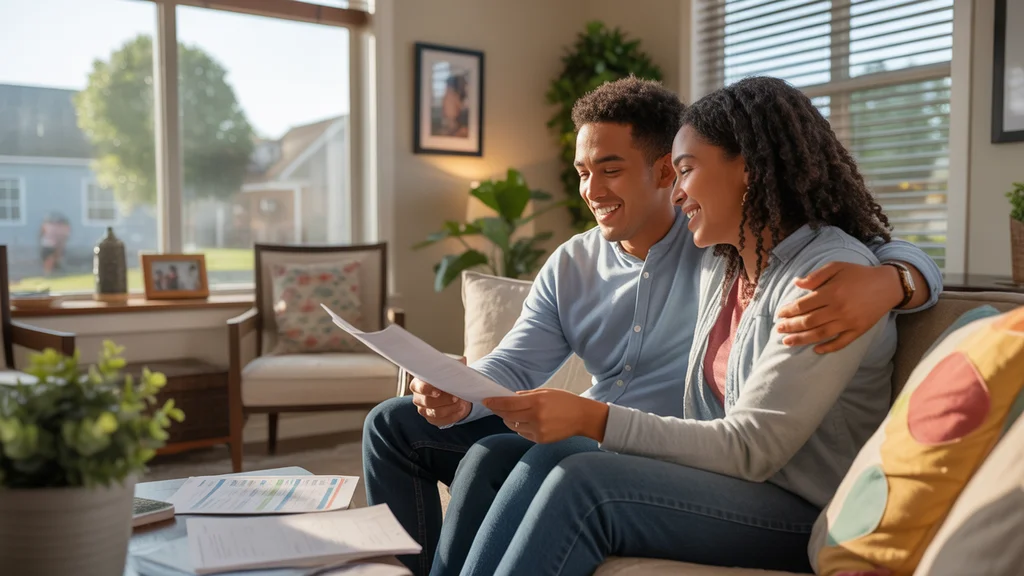 A couple reviewing their monthly budget in the living room of their new apartment in Mt Juliet, TN