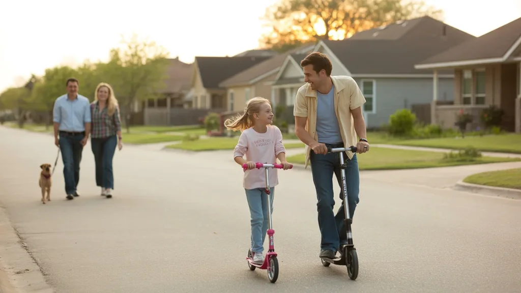 Father and daughter riding scooters together on a residential street in Pearland, TX at sunset