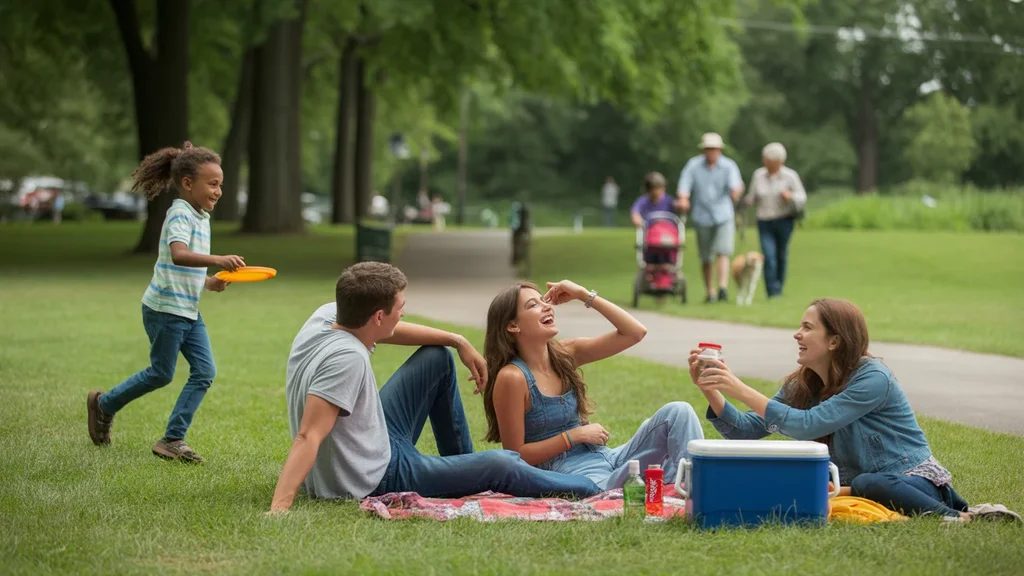Friends relaxing in a park in Richmond, Kentucky on a sunny day