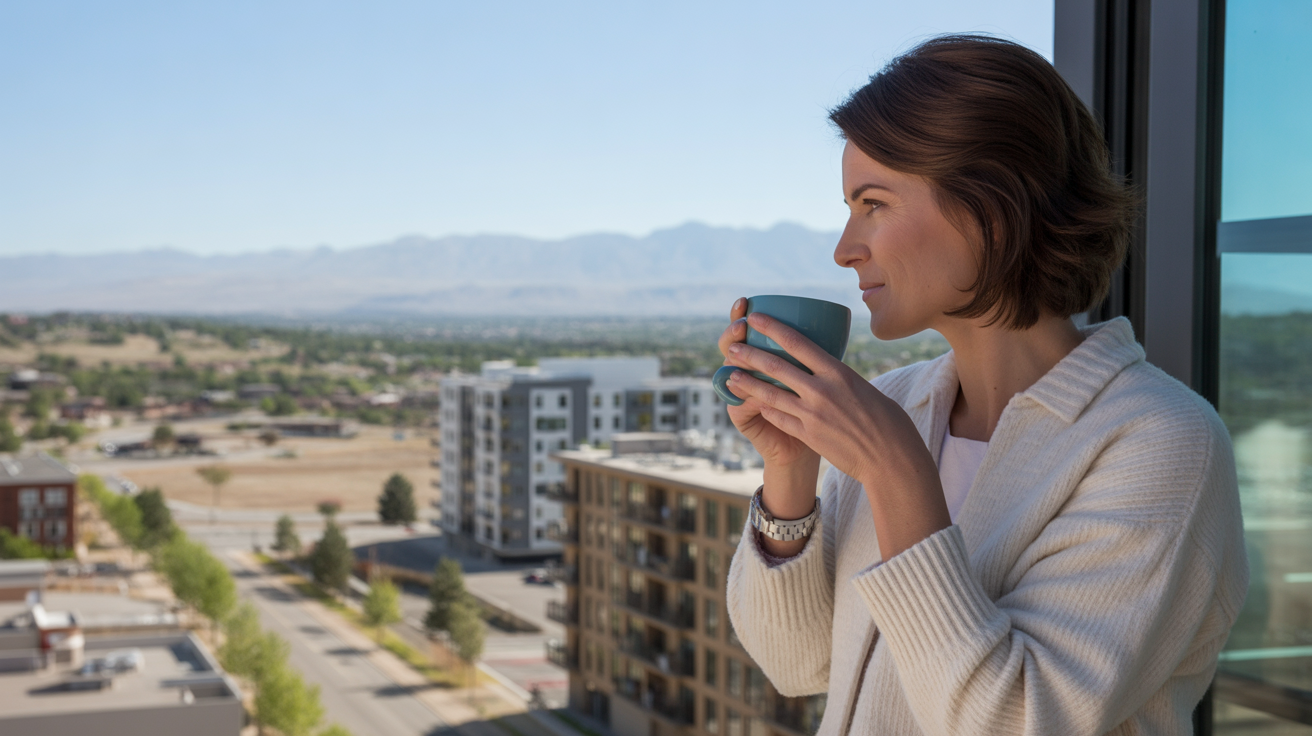 Woman drinking coffee and looking out high-rise window in Lone Tree, Colorado
