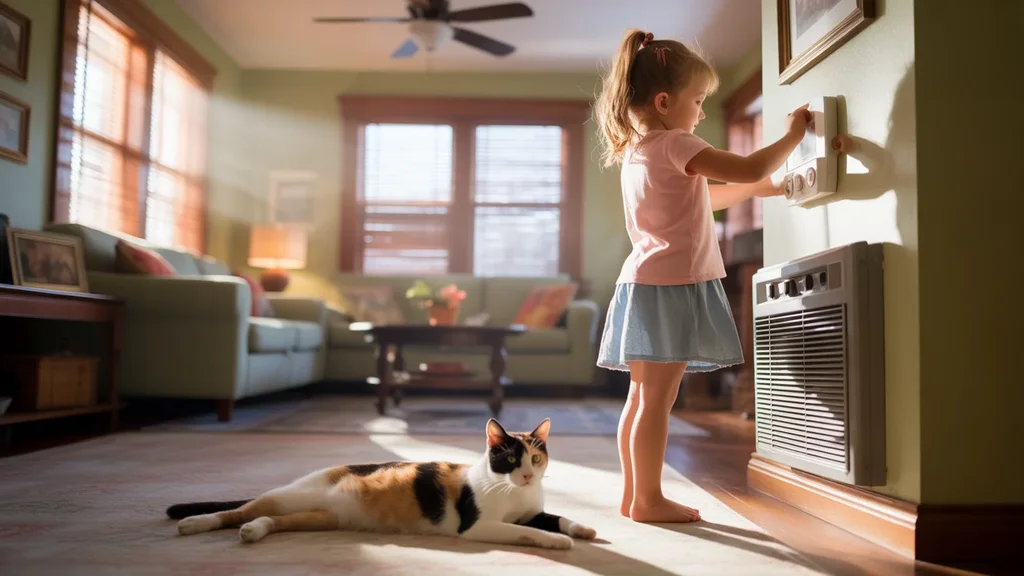 Girl adjusting thermostat while cat sleeps by AC vent in living room