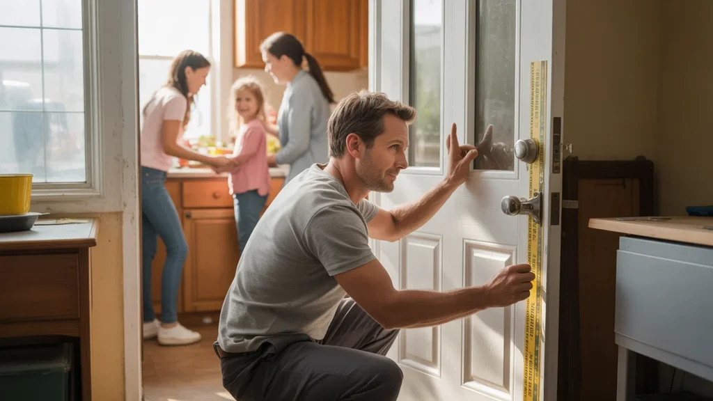 Man installing weatherstripping on front door of suburban home in Moore, Oklahoma