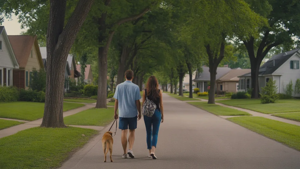 A couple walks their dog down a peaceful street in Madison, TN