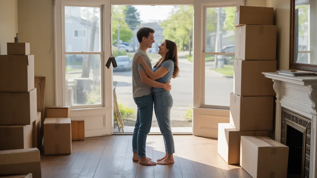 Couple hugging in empty living room of new home in Portland, Oregon
