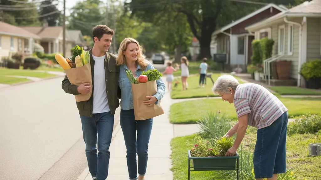 A couple chats with a neighbor outside a local grocery store in Marietta, GA