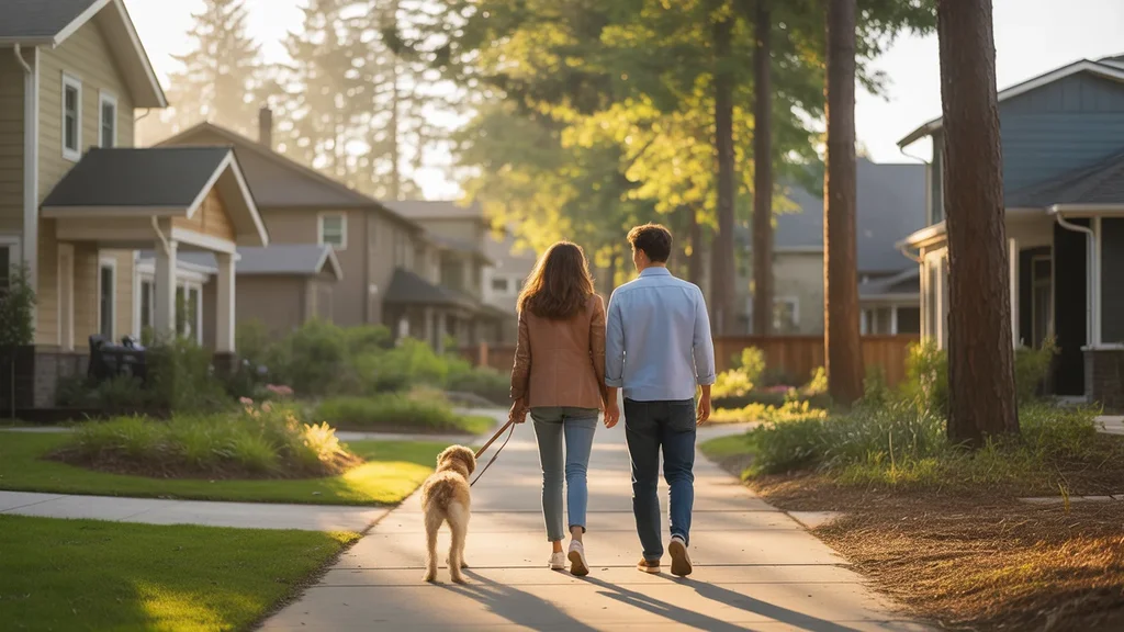 Couple walking dog in new Hillsboro neighborhood at sunset