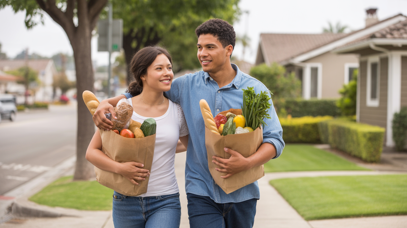 Couple carrying grocery bags walking down sidewalk in Mission Viejo, CA