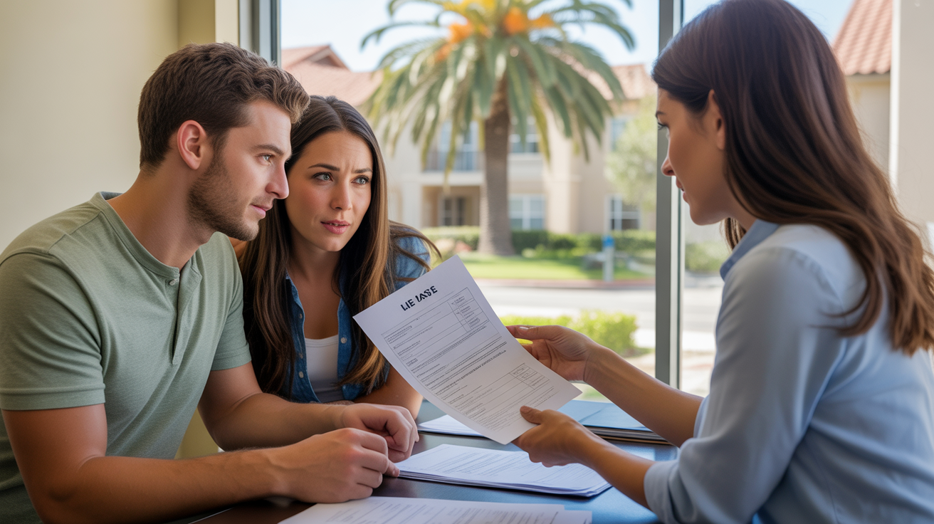 Couple reviewing lease paperwork with agent in Costa Mesa apartment office