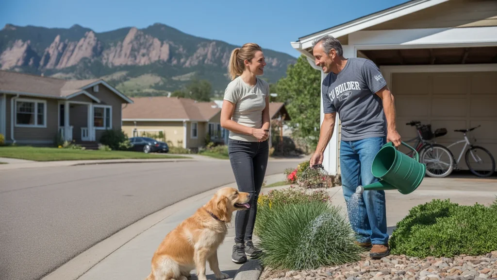Two neighbors chat casually in a Boulder driveway with Flatirons in background