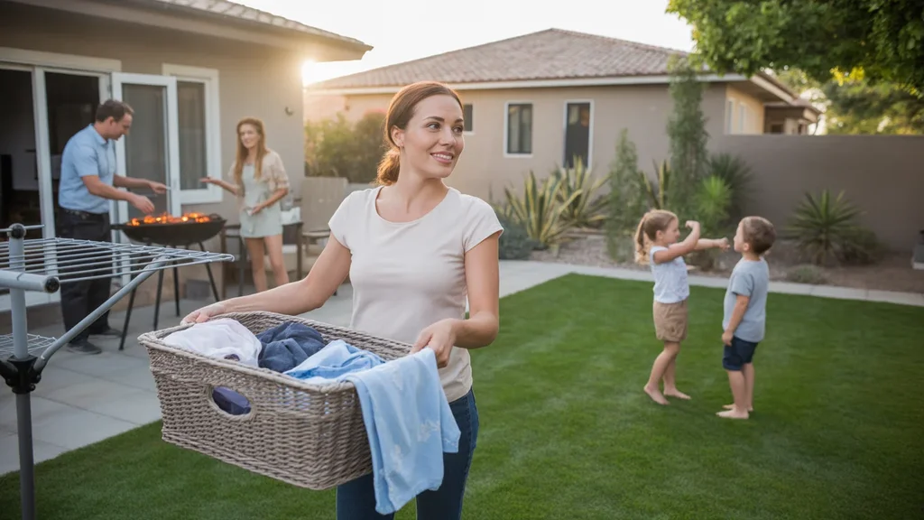 A family enjoys a peaceful evening together in the backyard of their suburban Paradise home.