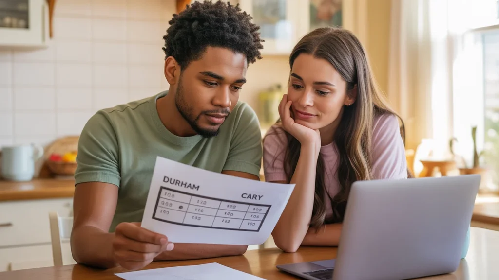 Couple comparing cost of living in Durham vs Cary on laptop